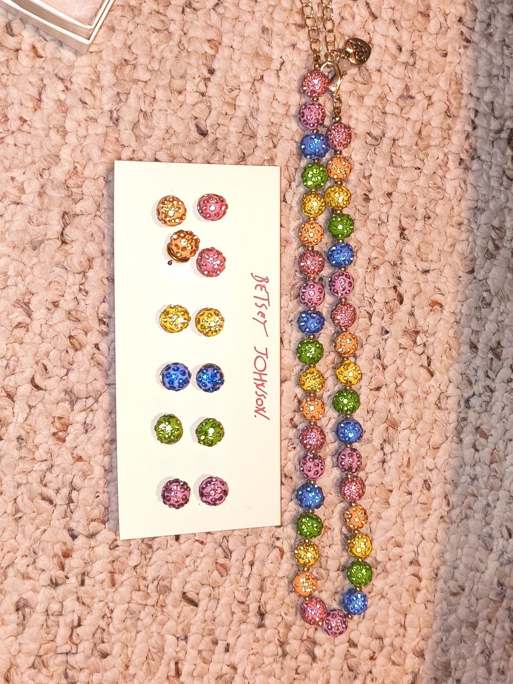 Betsey Johnson Rainbow Crystal Bead Necklace with Matching Studs